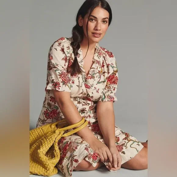 Anthropologie Pilcro Ruffle-Collar Buttondown Dress Cream Floral Boho Size 12